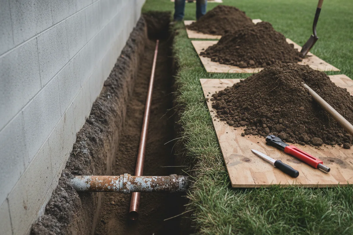 Excavated water line trench during Water Heater Repair in Homestead